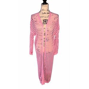 Hot Pink Crochet Maxi Cardigan L Open Knit Longline Duster Boho Festival Style